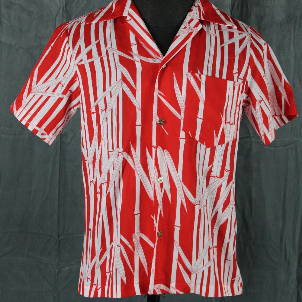 Vintage Hawaiian Shirt - Red and White Bamboo Pattern - Men's Small